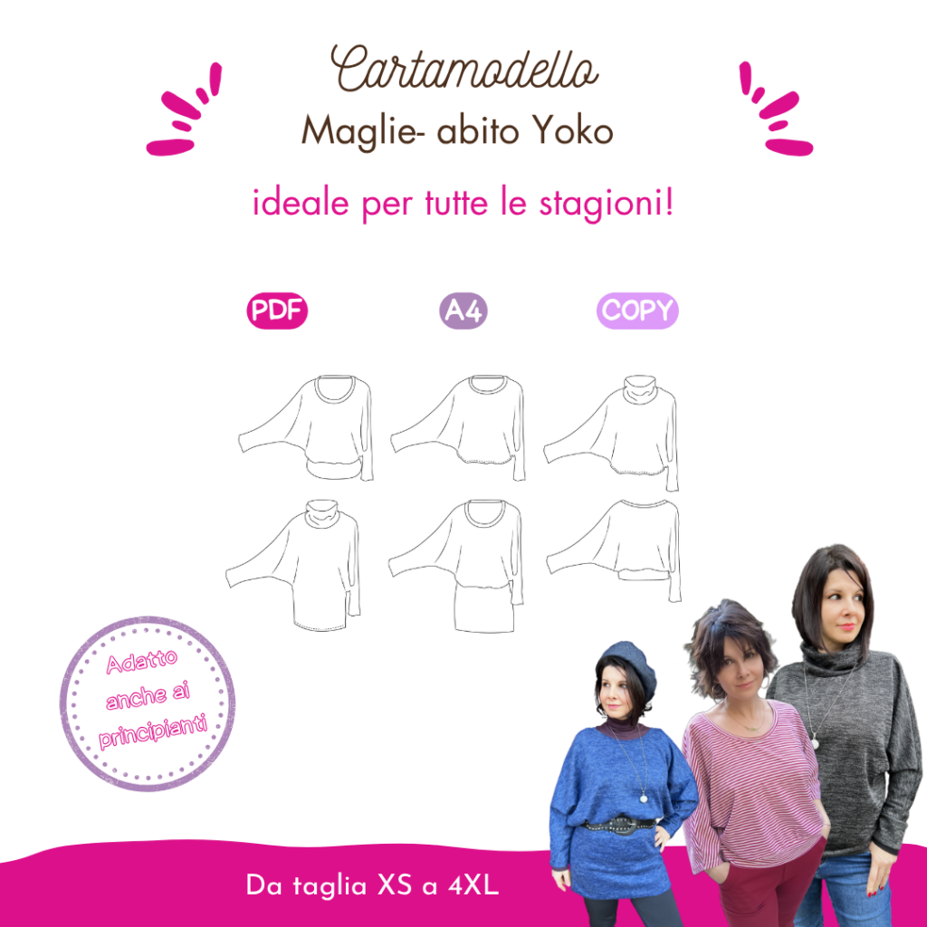Cartamodello maglia manica pipistrello donna da taglia XS a 4Xl